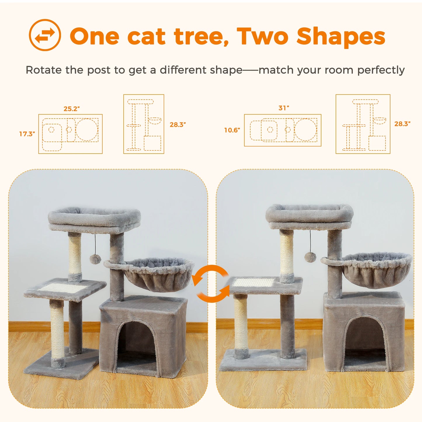 Cat Tree Cat Tower for Indoor Cats 2 Styles Cat Activity Tree with Cat Scratching Posts Big Hammock and Removable Top Perch Grey